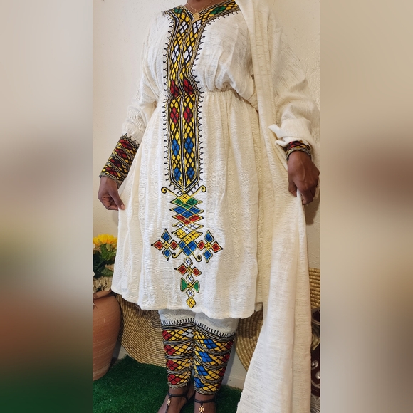 Ethiopian eritrean traditional dress with pants & scarf - Picture 3 of 6